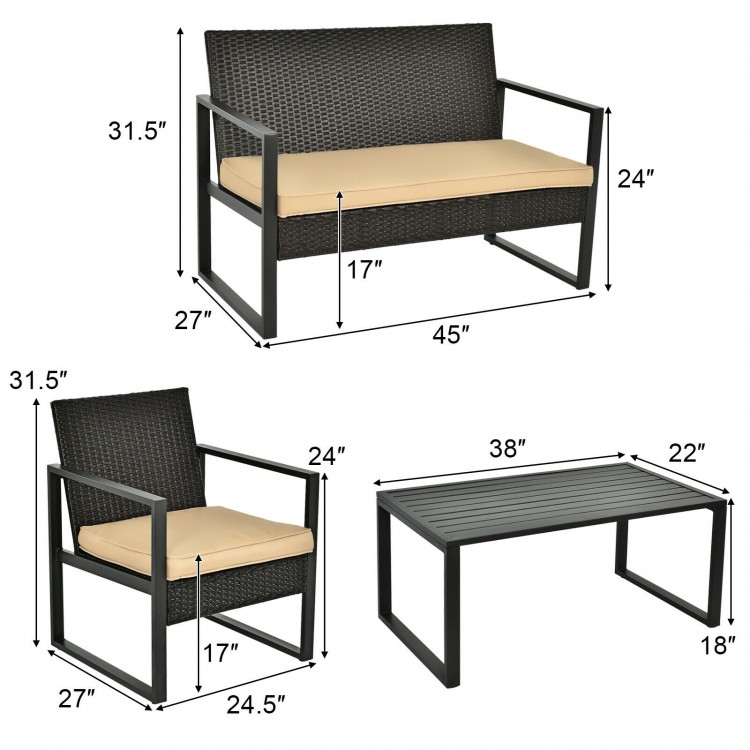 Cushioned loveseat from a 4-piece patio rattan furniture set, featuring durable steel and weather-resistant wicker.