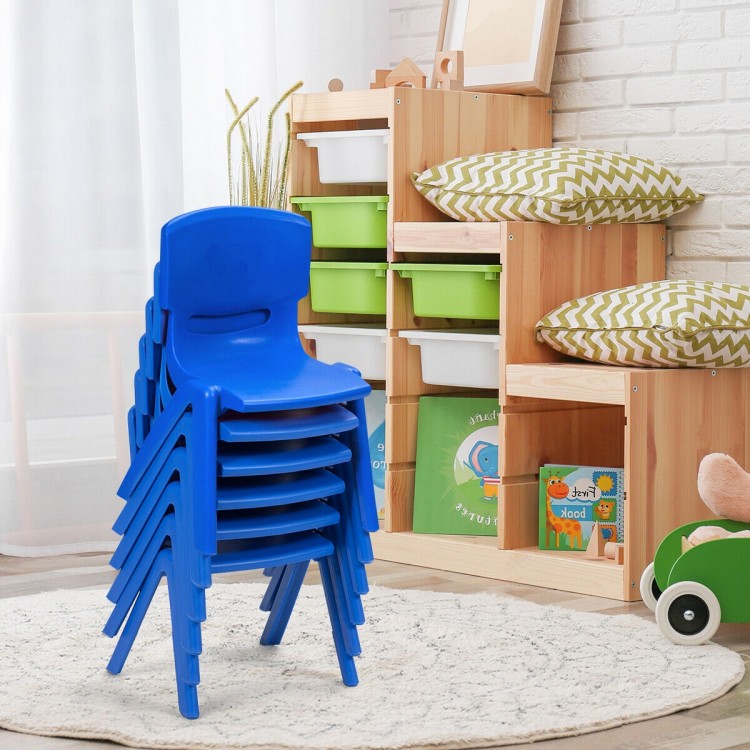 Stacked blue plastic classroom chairs for kids, ASTM certified, weather-resistant, ideal for indoor and outdoor use.