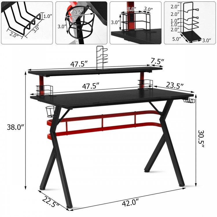 Gaming computer multifunctional storage desk with monitor shelf, cup holder, and audio stands for organized gaming.