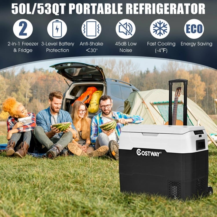 53 QT portable dual-zone car refrigerator with wheels, ideal for camping and outdoor activities, offers rapid cooling.