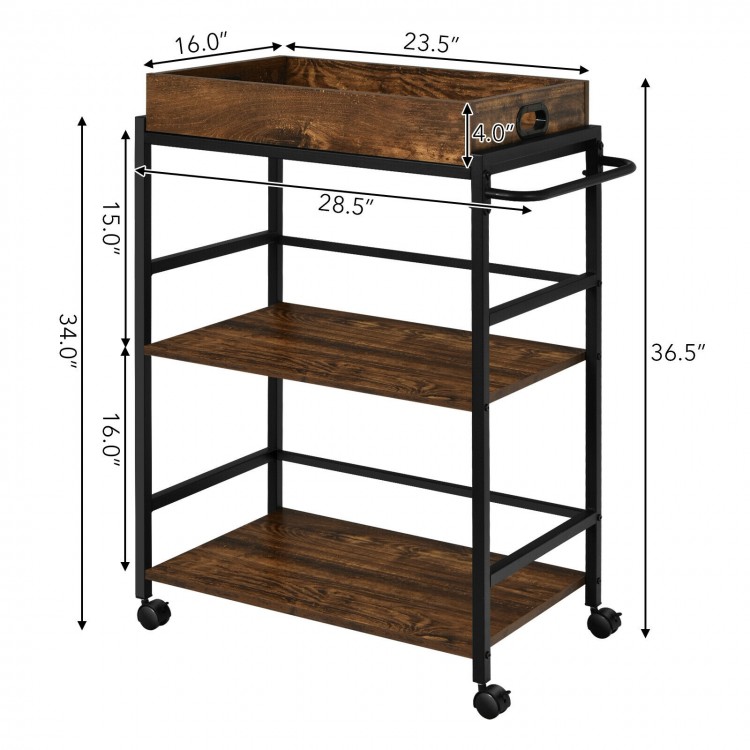 3-tier kitchen serving bar cart in rustic brown with lockable casters, removable tray, and metal pull handle for.
