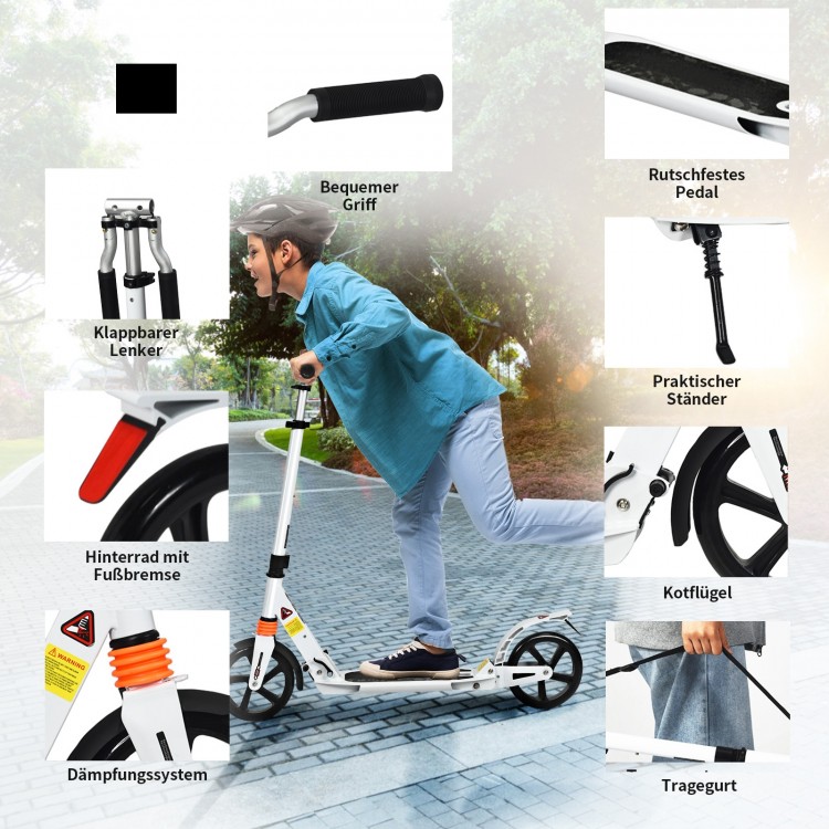 Folding aluminium adjustable kick scooter in white with ergonomic grip, 8" wheels, and dual shock absorption for smooth.