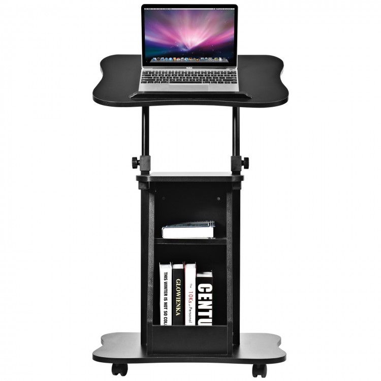 Height adjustable black sit-to-stand laptop desk cart with storage, tiltable surface, and wheels for easy mobility.