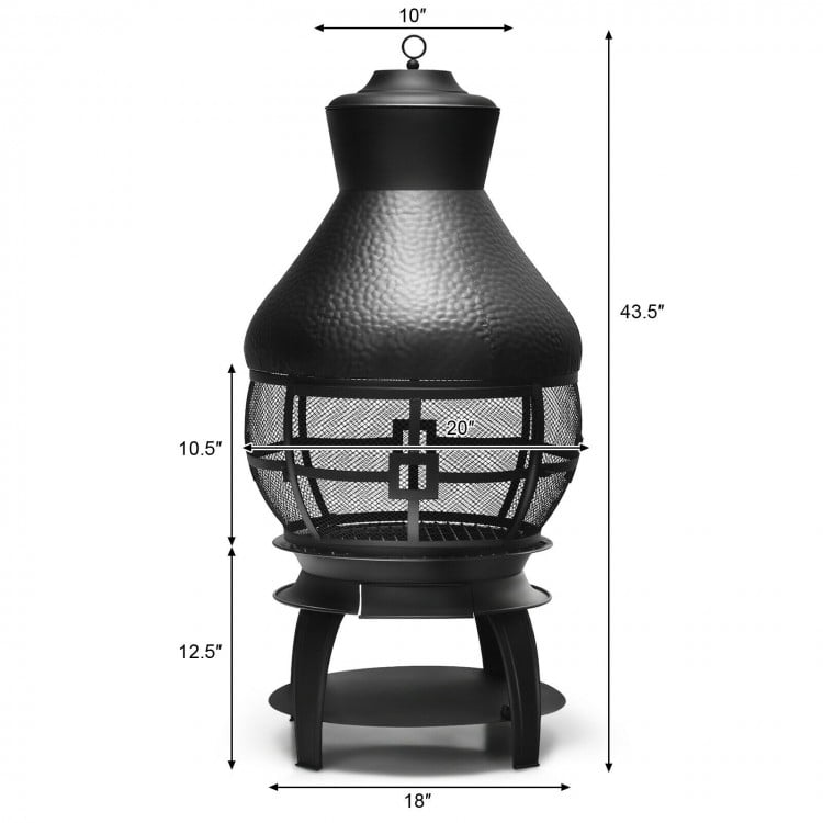 Patio wood burning chiminea fireplace with round wire mesh, sturdy iron construction, ideal for outdoor gatherings.