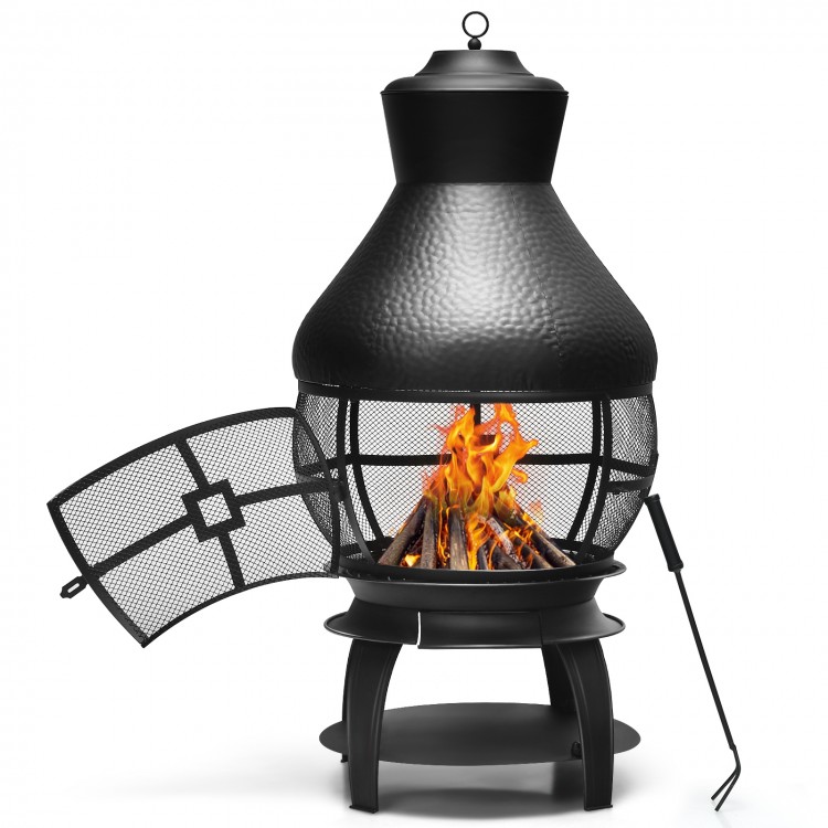 Patio wood burning chiminea fireplace featuring a round mesh design, stable legs, and heat-resistant iron for outdoor.