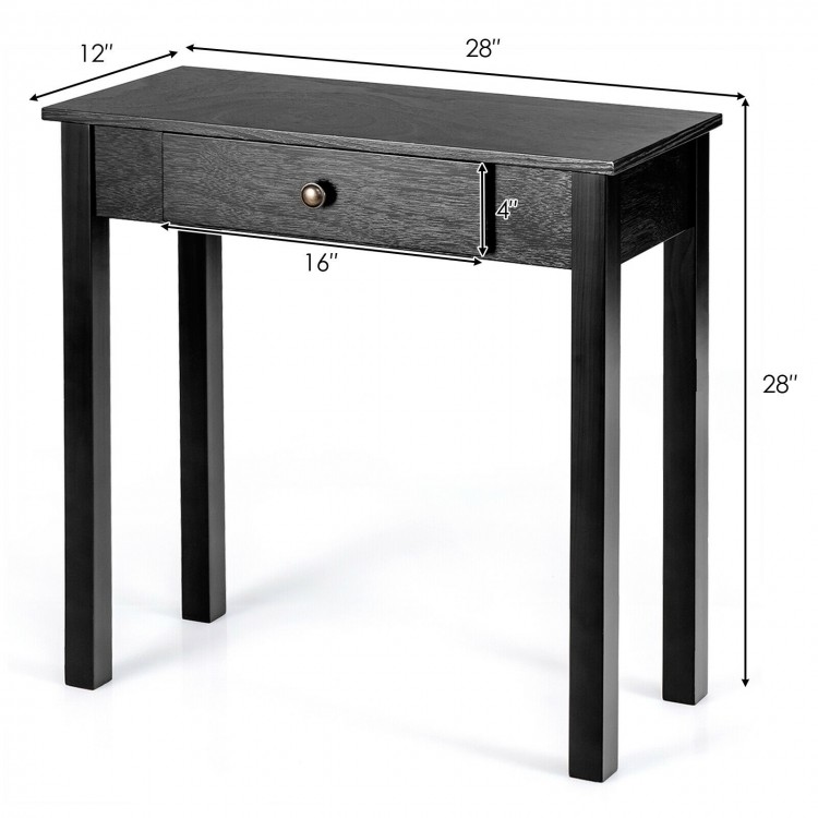 Compact black console table with drawer, made of wood and MDF, ideal for living room or hallway storage.