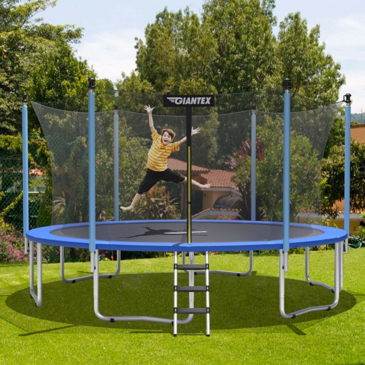14 ft trampoline with ladder and enclosure net, designed for safety and fun, perfect for backyard family activities.
