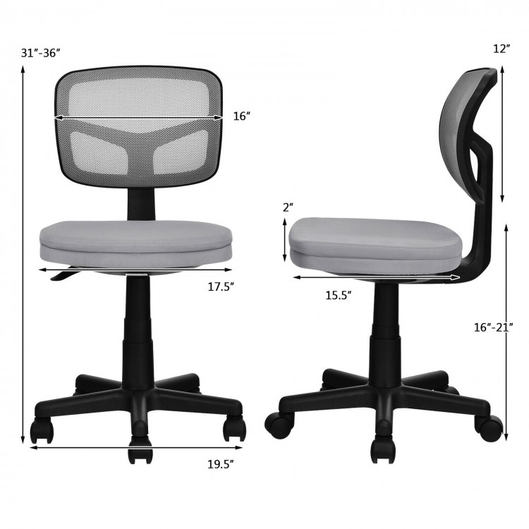 Armless gray computer chair with height adjustment, breathable mesh, and smooth-rolling wheels for home office use.
