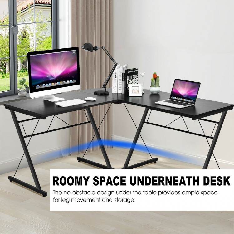 L-shaped corner desk in black with ample legroom, sturdy P2 MDF and iron frame, ideal for home office or study.