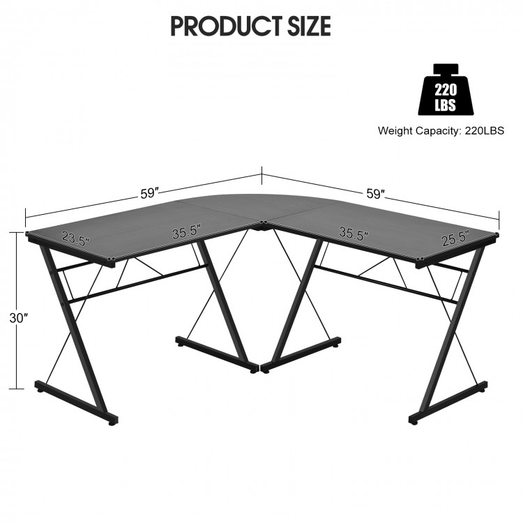 L-shaped corner desk in black, made of P2 MDF and iron, offering 220 lbs capacity and large workspace for home office.