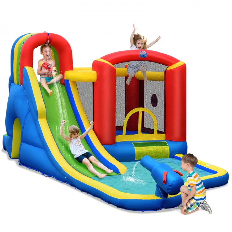 Inflatable water slide park with climbing wall, slide, and splash pool for kids aged 3-10, made of puncture-resistant.