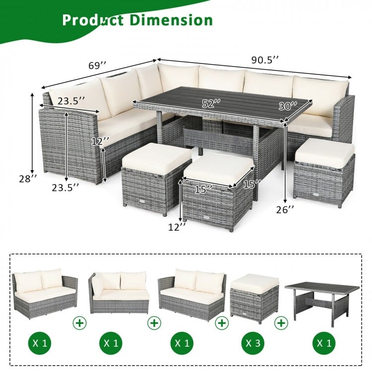 Sectional sofa set with off-white cushions, includes 3 corner chairs, table, and ottomans for versatile outdoor use.