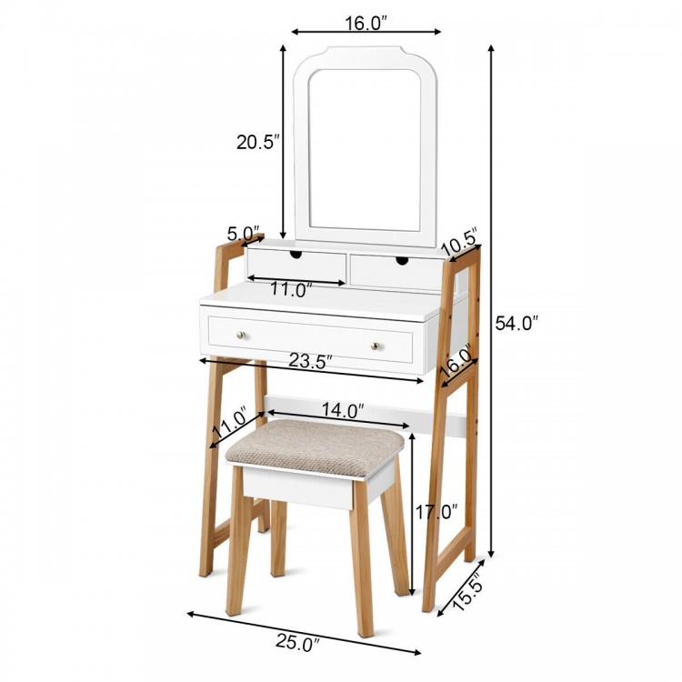Vanity table set with large mirror, white finish, and cushioned stool, perfect for makeup and storage.