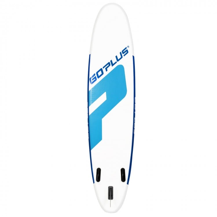 11-foot inflatable stand-up paddle board in blue with anti-slip mat and detachable fins for stability on water.