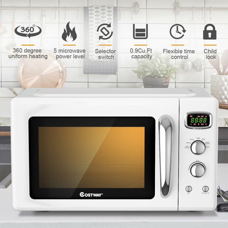 Compact 0.9 Cu.ft retro countertop microwave oven in white with 5 power levels and child lock, ideal for small spaces.