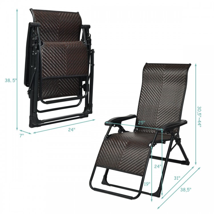 Folding patio rattan zero gravity lounge chair with adjustable design, waterproof material, perfect for outdoor.