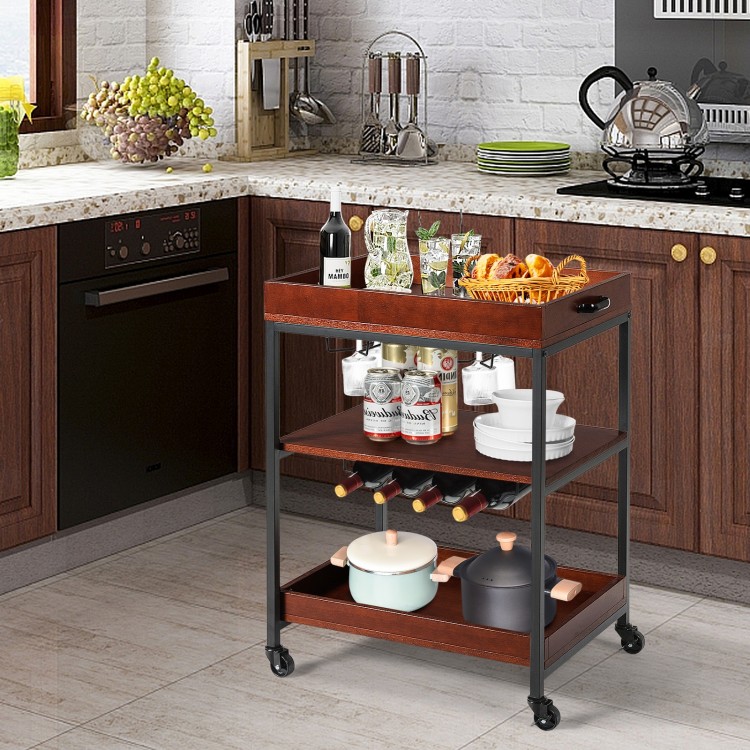 Industrial-style kitchen cart featuring a sturdy metal frame, three wooden shelves, and a convenient wine bottle rack.