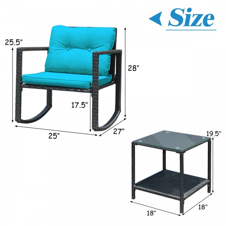 Turquoise rocking chair from the 3 Pcs Wicker Rocking Bistro Set with soft cushions, perfect for outdoor relaxation.