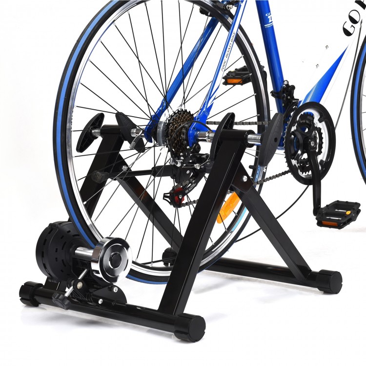 Indoor steel bicycle exercise stand with 8 adjustable resistance levels, suitable for 26'', 27'', and 28'' tires.