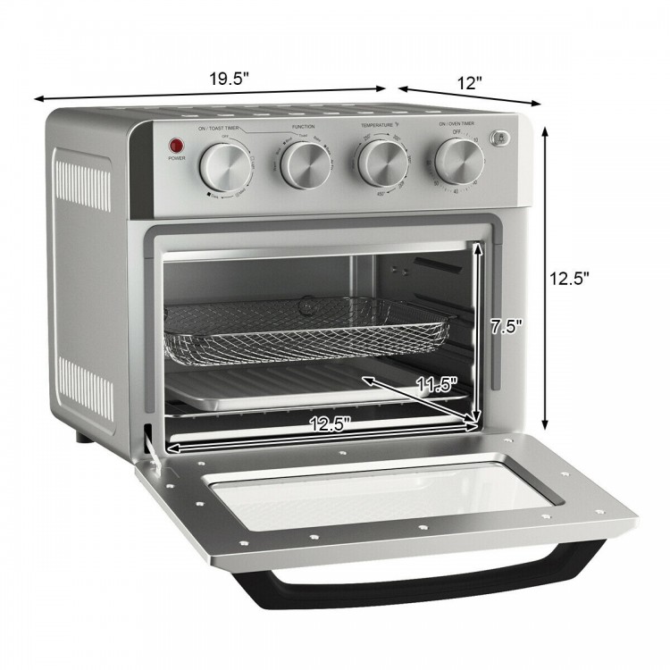 19 Qt convection air fryer toaster oven with transparent window, 4 knobs, and 5 accessories for versatile cooking.