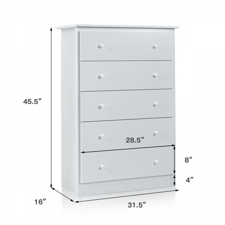 White 5-drawer dresser made of solid PB board and MDF, compact design for bedroom or living room storage.