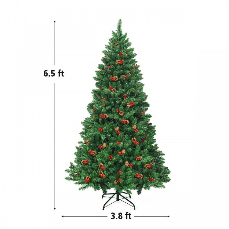 6.5 ft pre-lit Christmas tree with 450 LED lights, pine cones, and red berries, perfect for festive home decoration.