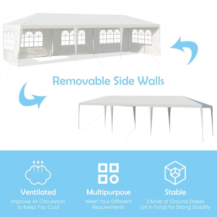 10 x 30 feet canopy tent with 5 removable sidewalls, sturdy PE material, ideal for outdoor parties and weddings.