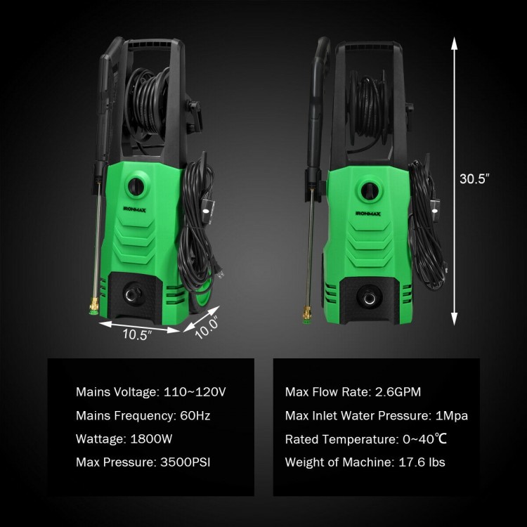 3500PSI electric pressure washer in green with wheels, featuring a built-in hose reel for easy storage and transport.