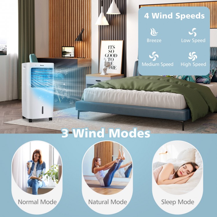 Evaporative portable air cooler fan in white with remote control, featuring 4 speeds and 3 modes for efficient cooling.