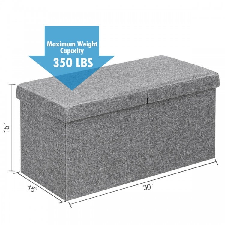 Light gray 30-inch folding storage ottoman with lift top, sturdy MDF construction, and spacious interior for versatile.