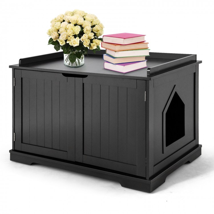 Black cat litter box enclosure with double doors, sturdy MDF construction, and spacious top for storage or decor.