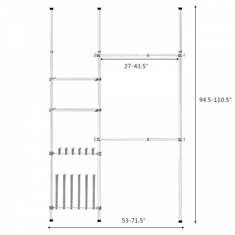 Telescopic clothes hanger rack with adjustable height and width, featuring 2 shelves and 12 shoe hooks for organized.