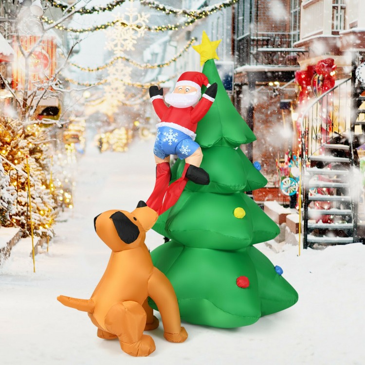 Inflatable Christmas tree with Santa and dog, featuring LED lights, suitable for outdoor use and stable in windy.