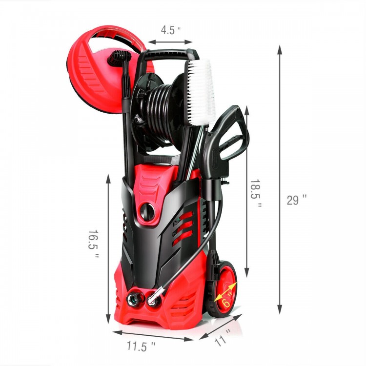 Electric high pressure washer in red with 3000 PSI, 5 nozzles, and hose reel for versatile outdoor cleaning tasks.