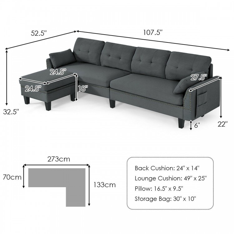 Reversible L-shaped sectional sofa in gray with movable ottoman, breathable linen fabric, and storage bag for.