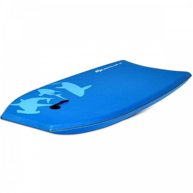 Lightweight blue bodyboard with EPS core and crescent tail, ideal for surfing, pool, or water park fun.