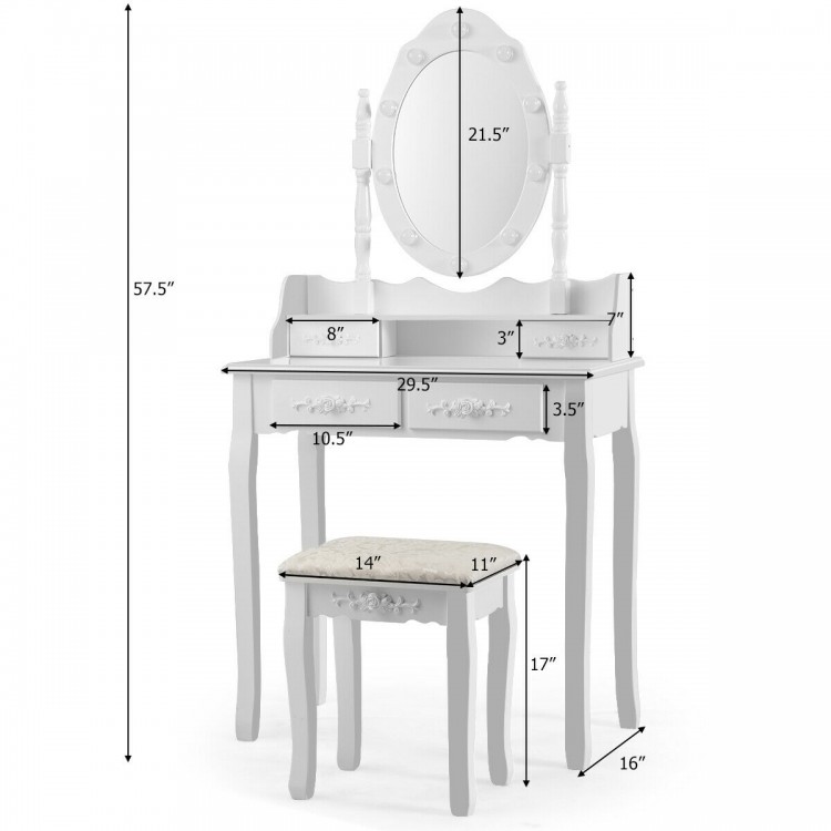 Side view of a white makeup vanity dressing table set with a clear mirror and four spacious storage drawers for.