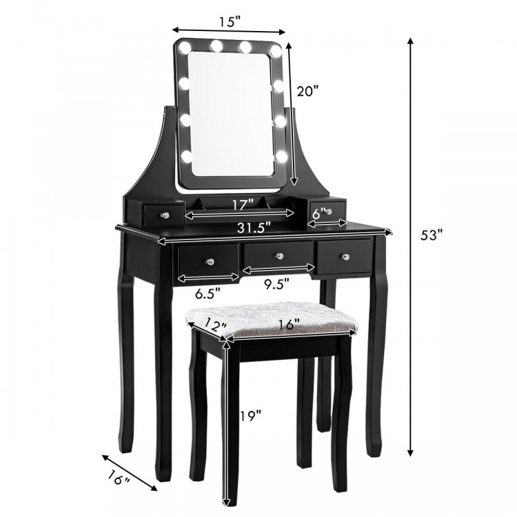Black vanity dressing table set with 10 dimmable bulbs, 5 drawers, and cushioned stool for bedroom or bathroom use.