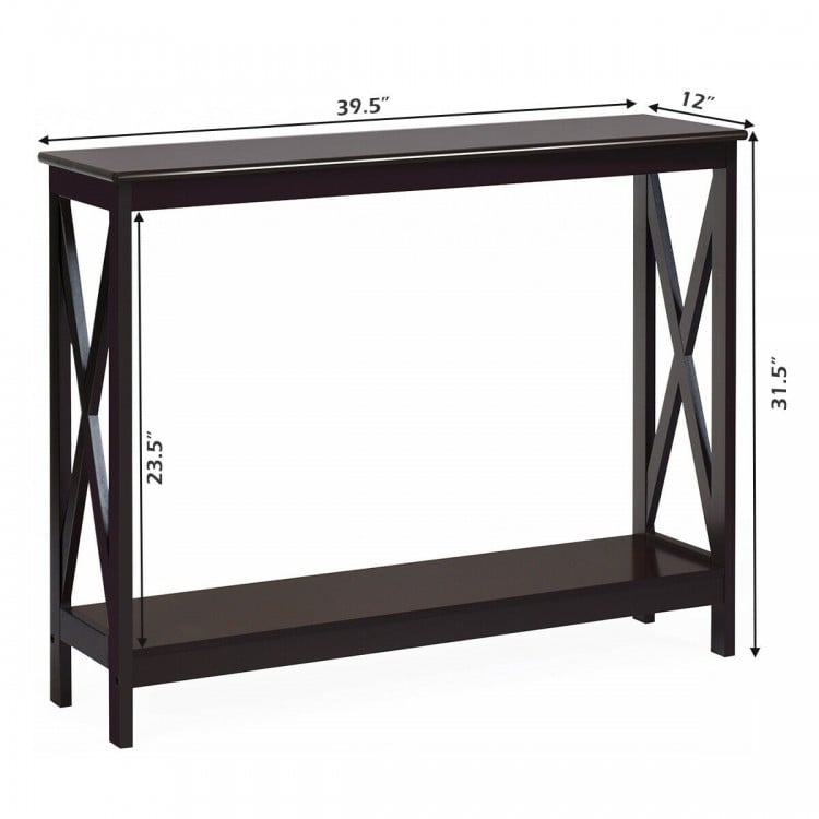 Dark brown 2-tier console table with X-design, 39.5" wide, ideal for living rooms and entryways, offering stylish.