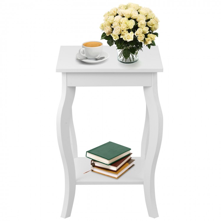 White accent side table with curved legs, featuring a lower shelf for storage, perfect for living room decor.
