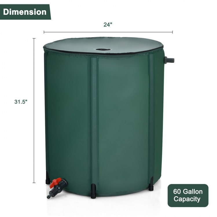 Collapsible 60-gallon rain barrel with PVC frame, dual-way zippered top, and water inlet filter for efficient water.