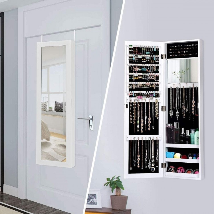 Wall-mounted jewelry cabinet with full-size mirror, featuring organized storage for rings, earrings, and accessories in.