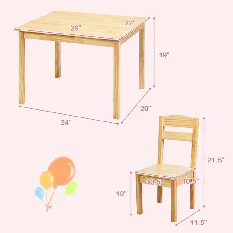 Kids pine wood table and chair set with dimensions, ideal for indoor or outdoor use, featuring a natural finish.