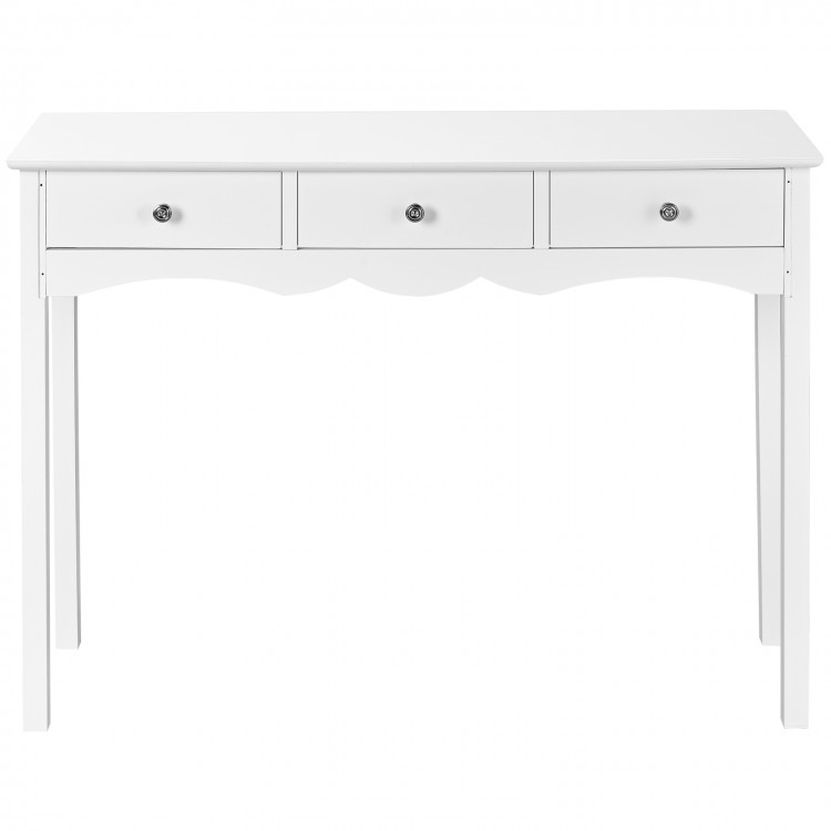 White side sofa table with three drawers, featuring vintage metal handles, ideal for hallway or living room storage.