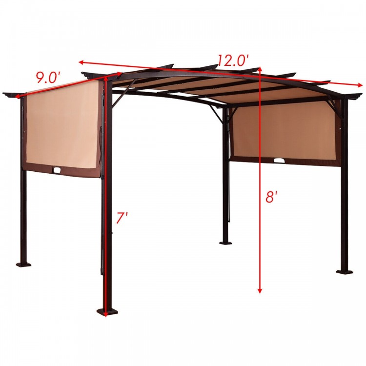 Outdoor pergola gazebo measuring 12 x 9 feet with retractable canopy shades, ideal for BBQs and parties.