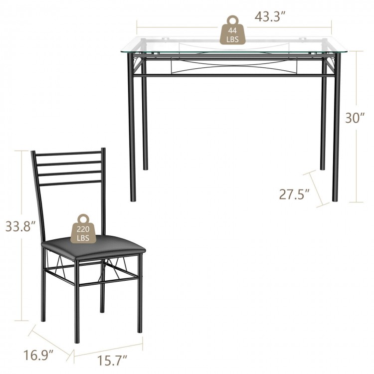 Dining set featuring a tempered glass top table and four upholstered chairs, ideal for kitchens and dining rooms.
