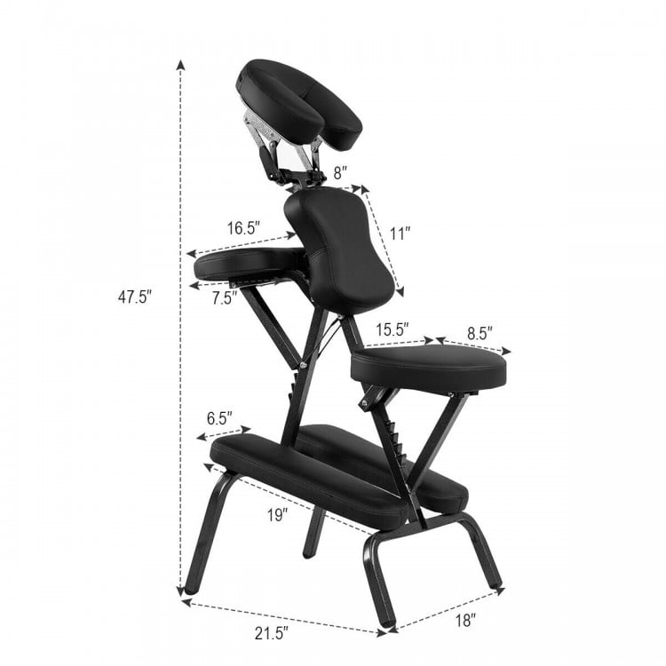 Foldable PU leather travel massage chair with adjustable face cradle and armrest, featuring a durable aluminum frame.