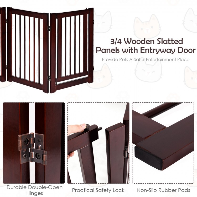 30-inch wooden pet gate with cherry finish, featuring 4 panels, double-open hinges, and rubber pads for stability.
