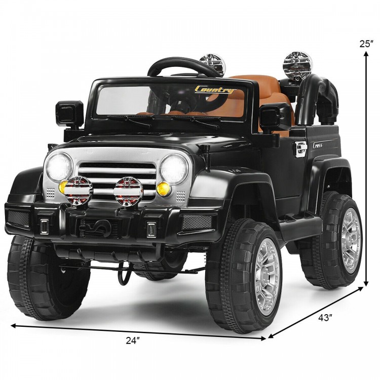 Black 12V kids ride-on truck with MP3, LED lights, and remote control, featuring a comfortable seat and safety belt.