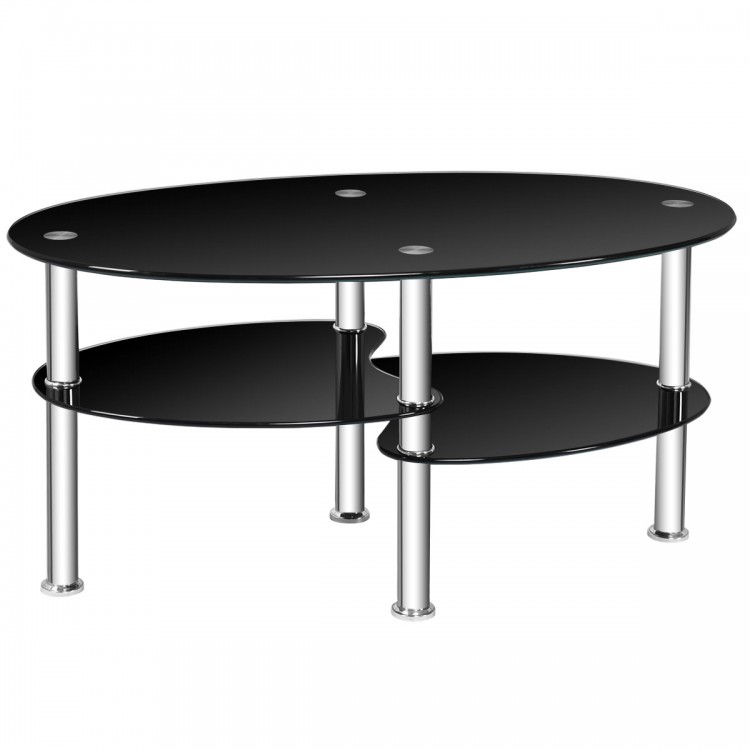 Tempered glass oval coffee table in black with chrome legs and two bottom shelves for stylish storage in the living.